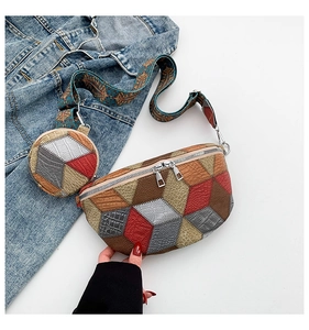 Detail of multi-color geometric patchwork waist bag with round coin purse and ethnic strap