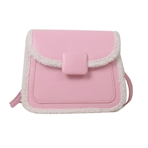 Pink PU leather crossbody bag with white faux fur trim and rectangular flap buckle