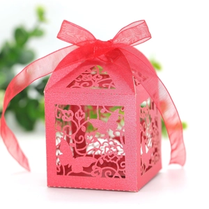 Elegant laser cut red butterfly gift box with matching ribbon for wedding favors
