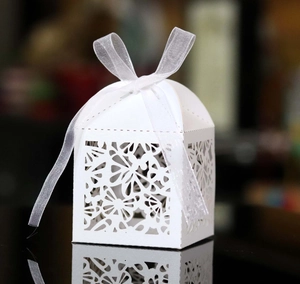Detailed laser-cut white butterfly paper gift box with elegant organza ribbon bow