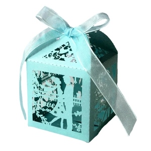 Laser-cut wedding candy gift box in light blue with Love design and ribbon bow