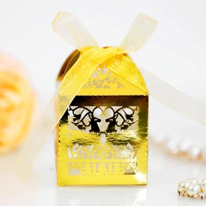 Golden laser-cut reindeer gift box with ribbon for Christmas and wedding parties