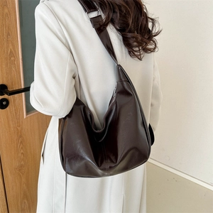 Minimalist large capacity dark brown hobo shoulder bag with retro shiny PU leather texture