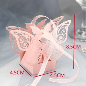 Pink laser cut butterfly candy gift box with ribbon, size 4.5x4.5x8.5cm for weddings