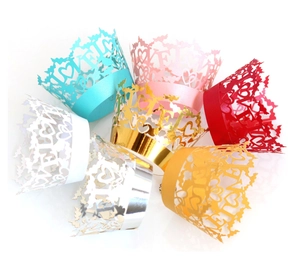 Laser cut lace cupcake wrappers with LOVE heart and butterfly design in assorted colors