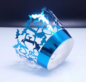 Blue metallic LOVE heart hollow laser cut cupcake wrappers for wedding cake decorations