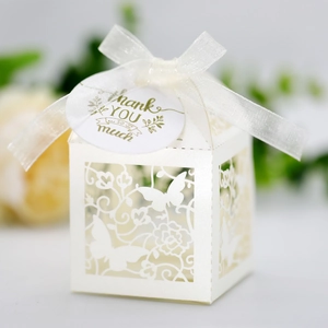 Detail of white laser-cut butterfly gift box with silk ribbon and thank you tag