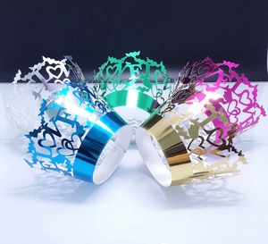 Five-piece set of laser-cut cupcake wrappers with LOVE heart lace in metallic colors