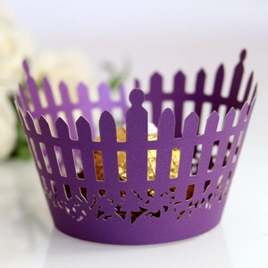 Purple laser-cut lace cupcake wrappers with elegant hollow pattern for wedding party decor
