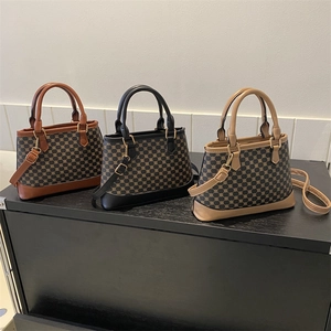Retro geometric print square handbags in brown black and beige with detachable straps