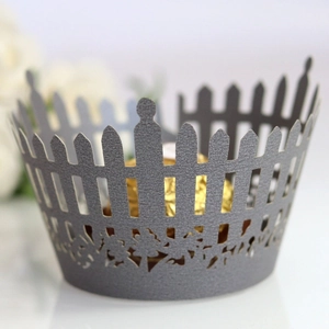 Grey laser cut lace cake wrappers with fence design and floral patterns for wedding decor