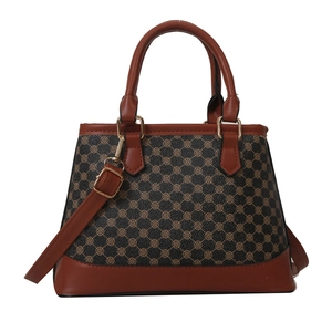 Vintage checkered print handbag with brown leather accents and gold hardware details
