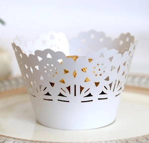 Elegant white lace laser cut cupcake wrappers with sunflower rose pattern for weddings