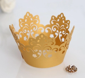 Elegant gold crown lace laser cut cupcake wrappers with glitter finish for weddings