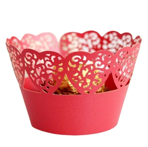 Red laser-cut heart pattern cupcake wrappers with hollow design for wedding party decor