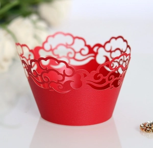 Elegant red laser-cut cupcake wrappers with xiangyun cloud pattern for wedding decor
