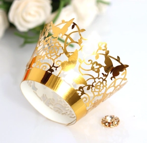 Golden laser-cut butterfly and floral cake wrapper with high-gloss mirror finish