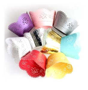 Laser cut rose flower cupcake wrappers in various vibrant colors for party decoration