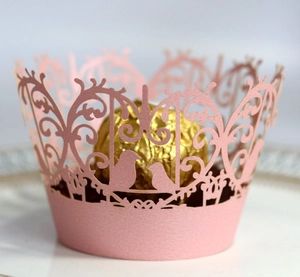 Pink laser-cut lace cupcake wrapper with bird and floral pattern for wedding decor