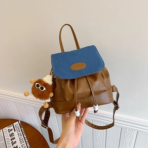 Vintage Mini PU Leather Denim Backpack For Women Girls Cute Drawstring Small School Bag With Plush Monster Pendant Contrast Color