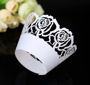 Elegant white laser-cut rose hollow cupcake wrappers for wedding cake decorations