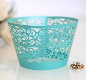 Teal laser-cut lace cupcake wrappers for elegant wedding and party dessert decoration