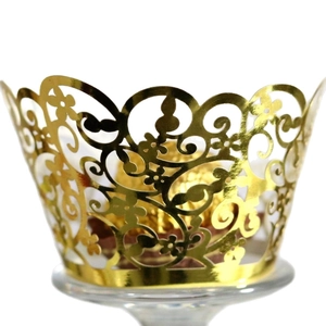 Elegant gold hollow laser cut cupcake wrappers with floral patterns for wedding party decor