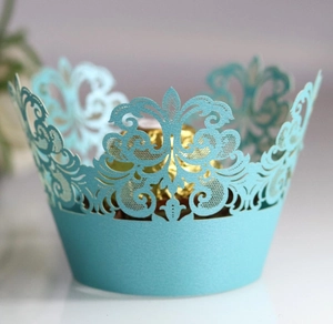 Laser cut light blue cupcake wrapper with elegant crown hollow design for weddings