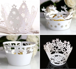 Christmas Laser Cut Cupcake Wrappers Pearlescent Paper Hollow Snowflakes Reindeer For Holiday Birthday Cake Decoration