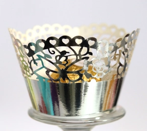 Laser cut silver butterfly rose cupcake wrappers with hollow hearts for party decor
