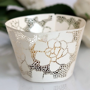 Laser Cut Lace Cupcake Wrappers Pearlescent Paper Hollow Out Rose Flower Wedding Party Decoration Decorative Liners