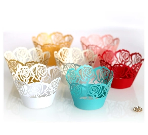 Laser-cut rose cupcake wrappers in assorted colors for festive baking decoration