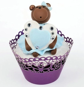 Detailed laser-cut purple cupcake wrapper with a cute brown bear cake topper decoration