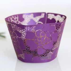 Deep purple laser-cut lace cupcake wrapper with elegant floral hollow pattern