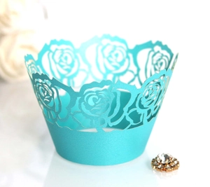 Elegant tiffany blue laser-cut cupcake wrappers with rose flower pattern and pearlescent finish