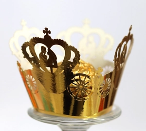 Golden crown cupcake wrappers with laser cut horse carriage and couple for weddings