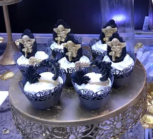 Elegant Baroque style red hollow rose cupcake wrappers with gold angel cake toppers