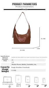 Size chart for brown PU tote bag with butterfly embroidery showing dimensions and capacity