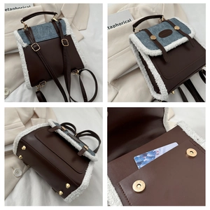 Detail view of denim and faux leather backpack with fuzzy fleece trim and gold hardware