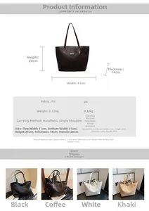 Detailed size chart for large woven tote bag showing dimensions and four available colors