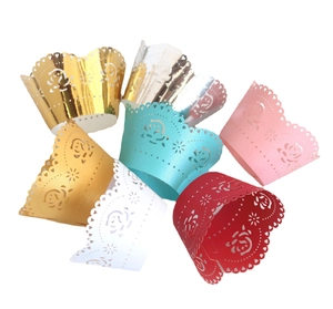 Laser cut rose flower cupcake wrappers in multi-color metallic pearlescent paper