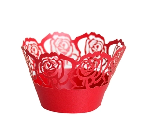 Elegant red rose laser-cut cupcake wrappers made of pearlescent paper for wedding decor