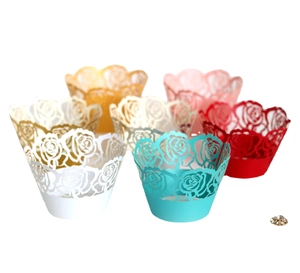Laser cut hollow rose cupcake wrappers in multiple colors for wedding decorations