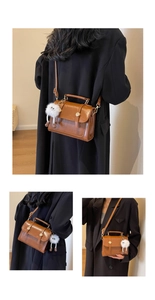 Three-way view of brown vintage PU leather crossbody bag with cute plush charm