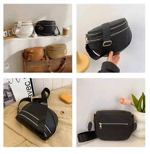 Vue détaillée des sacs banane demi-lune avec large bandoulière et double fermeture éclair