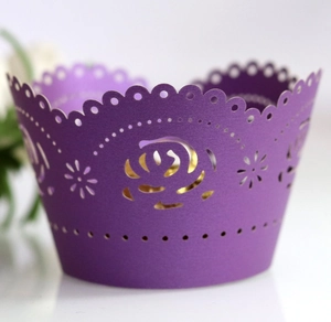 Elegant purple laser-cut rose hollow paper cupcake wrappers for festive decoration