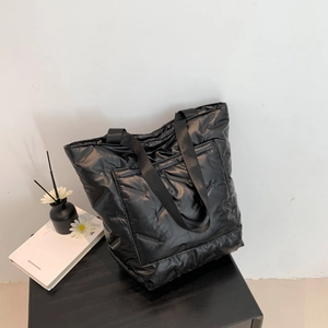 Women Urban Minimalist Cotton Quilted Puffer Tote Bag Large Capacity Casual Solid Color Shoulder Bag With Matching Pouch
