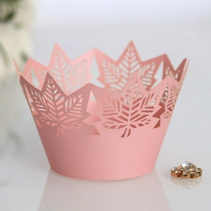 Pink laser-cut maple leaf cupcake wrappers for elegant party dessert decorations