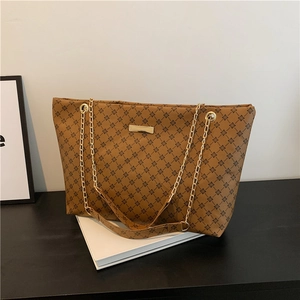 Retro Geometric Printed Large Capacity PU Leather Tote Bag For Women Gold Chain Shoulder Bag Commuter Fashion Handbag