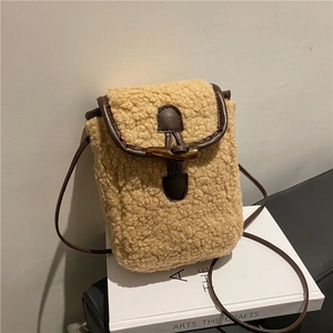 Sac Bandoulière en Laine d'Agneau Pelucheuse pour Femme Boucle en Corne Petit Sac Carré pour Téléphone avec Bordure en Cuir